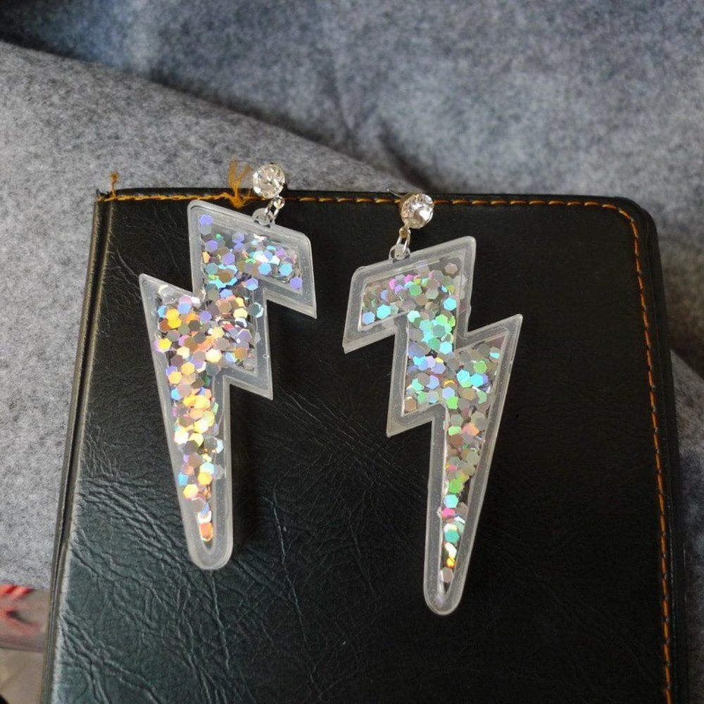Acrylic Glitter Lightning Bolt Earrings, Kawaii Jewelry, 80s 90s Inspired - Picture 7 of 7
